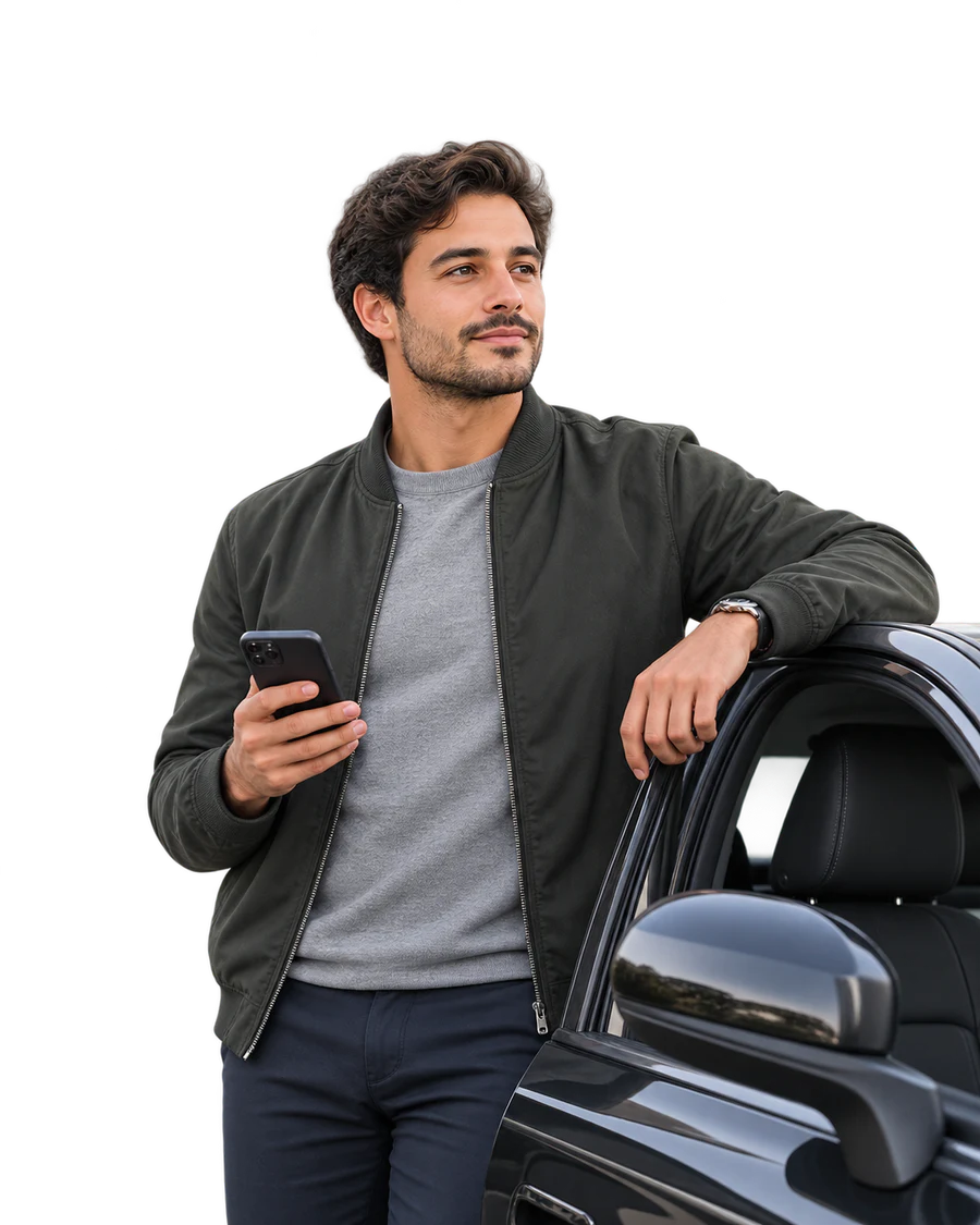 Conductor junto a su automóvil con su teléfono