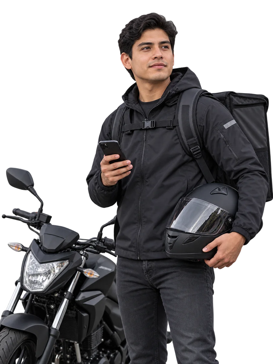 Repartidor con mochila, casco y motocicleta