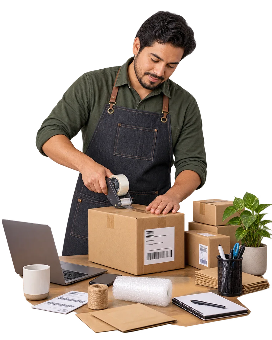 Vendedor preparando un paquete junto a su laptop y materiales